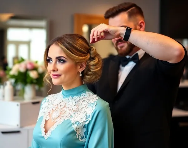 A woman in a light blue dress with intricate lace detail is having her hair styled by a man in a black suit. They are in a salon, and she looks content. In the background, there is a mirror and a bouquet of flowers.