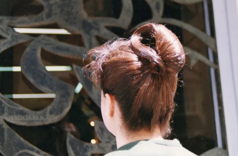 A person with brown hair styled in an intricate updo stands with their back to the camera. The updo features a smooth, circular arrangement of hair. They are facing a large decorative window or mirror with abstract designs.