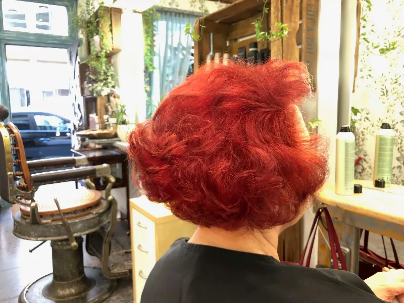 A person with vibrant red, curly hair sits in a cozy hair salon. The salon has rustic decor with green plants, vintage chairs, and hair products visible on a wooden shelf. A window shows a glimpse of the street outside.