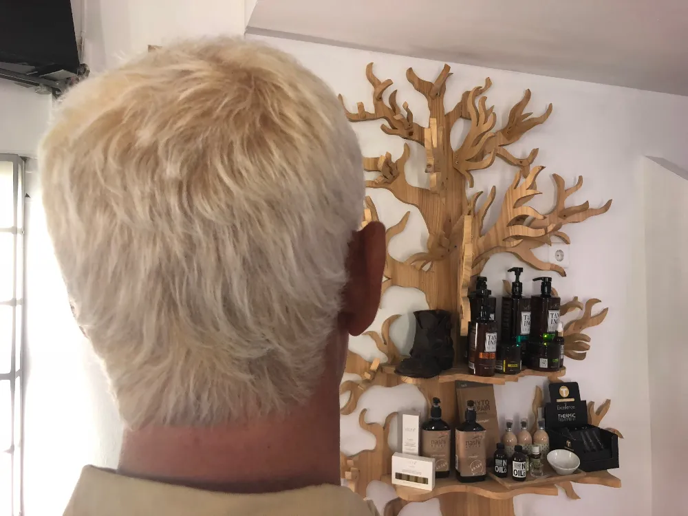 The image shows the back view of a person with short, bleached blond hair. In front of them is a wooden tree-shaped shelf displaying various bottles and small items. The photo is taken indoors with natural light coming through a window.